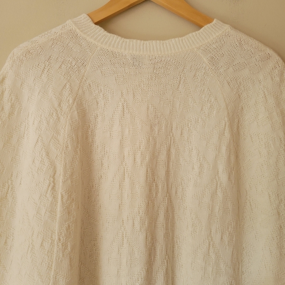 Vintage Cream White Knit Poncho Shawl Button Front Sweater with Fringe - Picture 5 of 7